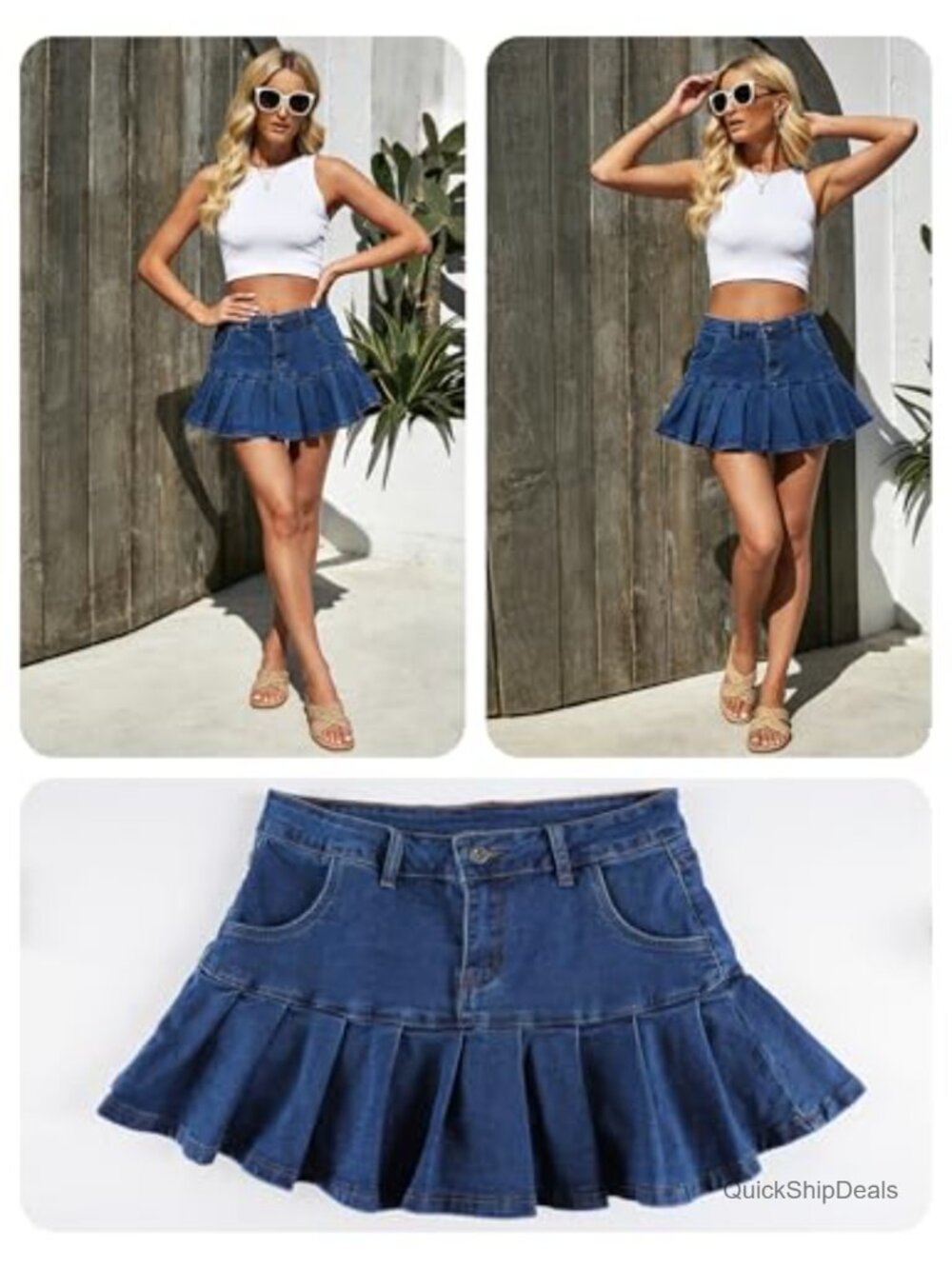Denim Skort Mini Skirt with Built-in Shorts Ruffle Pleated Y2K A-Line Jean Skirt - Picture 5 of 6